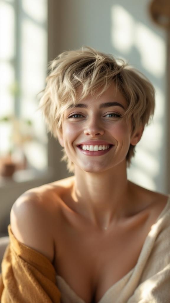 A smiling woman with a soft layered pixie cut, showcasing a fresh and stylish look.