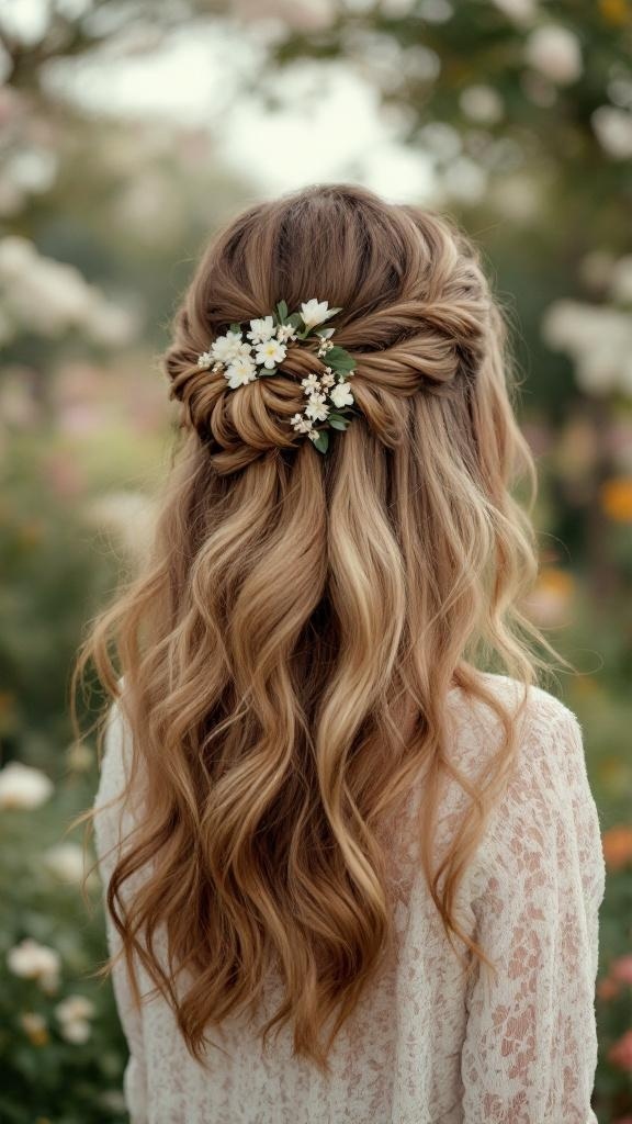 A woman with soft layered hair styled in a half-updo, adorned with small white flowers.