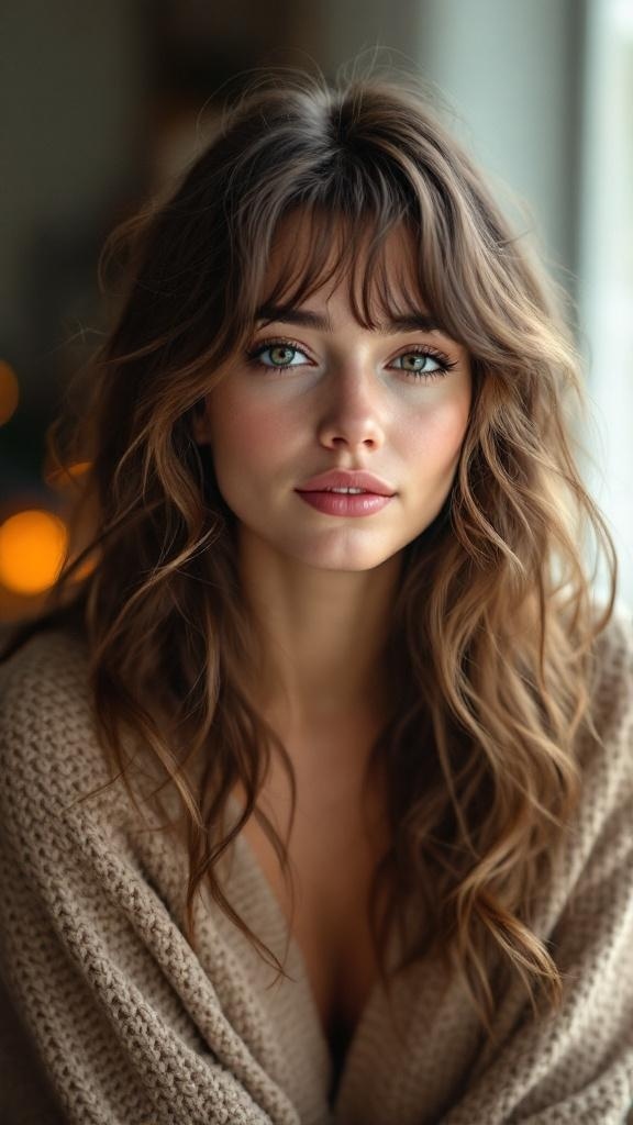 A woman with soft layered hair and curtain bangs, looking stylish and natural.