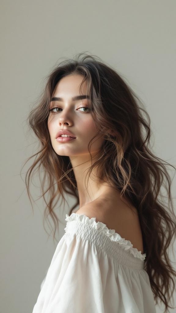 A woman with soft, layered hair styled in loose waves, wearing an off-shoulder top.