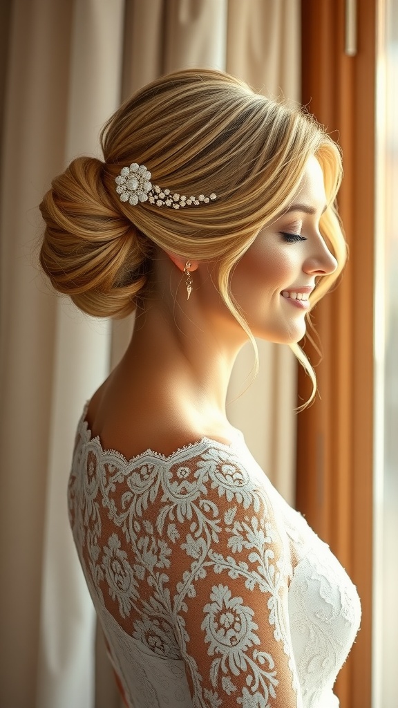 A bride with a soft twisted bun hairstyle, adorned with a decorative hair accessory, smiling elegantly by a window.
