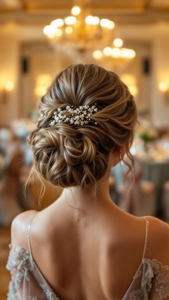 A beautifully styled softly layered updo with delicate hair accessories.