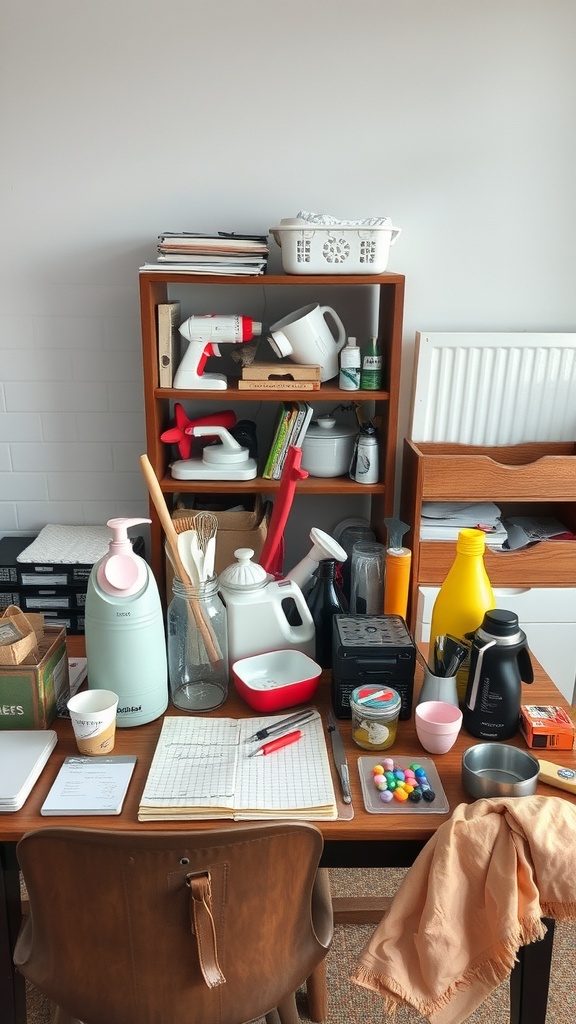A cluttered workspace with various kitchen tools, office supplies, and other items scattered on a table and shelf.