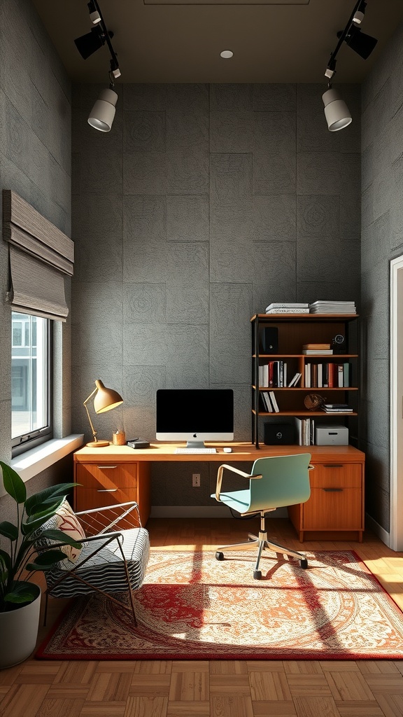 A modern home office with soundproofing elements like thick curtains and acoustic panels.