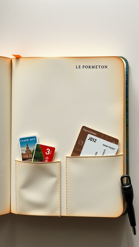 A travel journal open to pages with souvenir pockets containing tickets and cards.