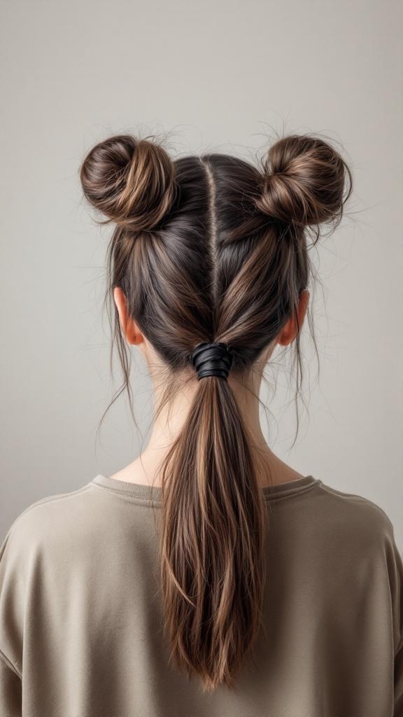 A woman with space buns and a ponytail hairstyle.