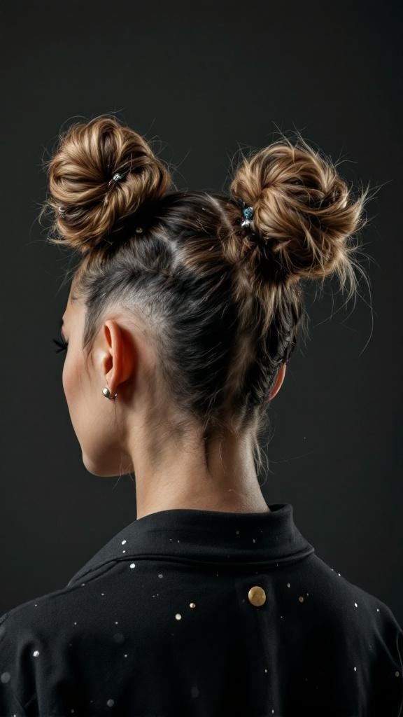 A woman with short hair styled in two space buns, showcasing a playful hairstyle.