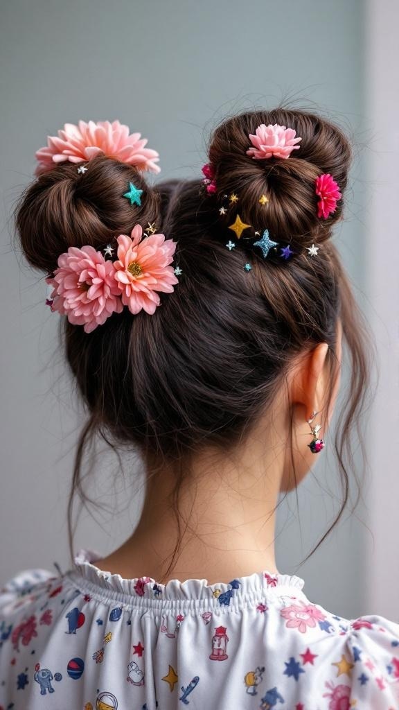 A hairstyle featuring space buns adorned with flowers and colorful star clips.