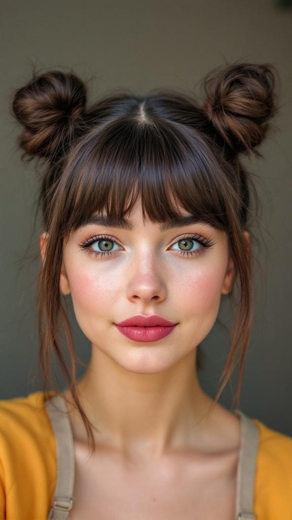 A young woman with space buns and bangs, showcasing a trendy hairstyle.
