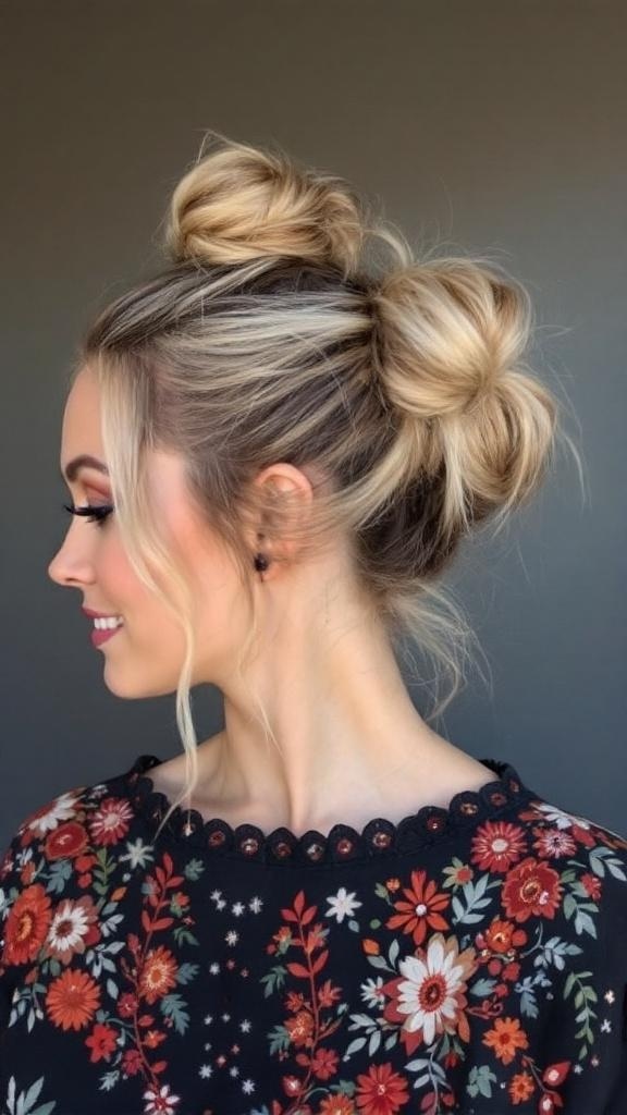 A person with colorful space buns and hair wraps, wearing sunglasses, against a vibrant background.