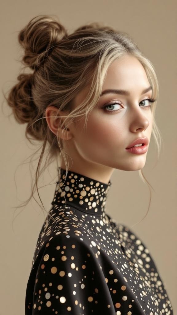 A stylish woman with space buns and side-swept hair, wearing a polka dot outfit.