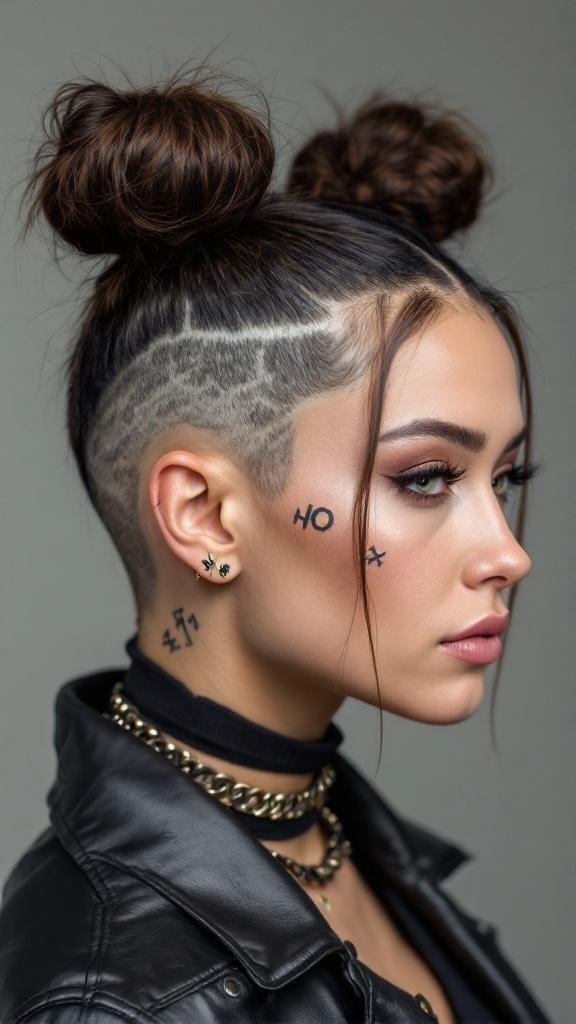 A woman with space buns hairstyle and an undercut, showcasing a trendy and edgy look.