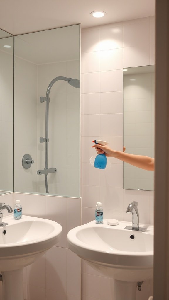 A person cleaning a bathroom sink with a spray bottle.