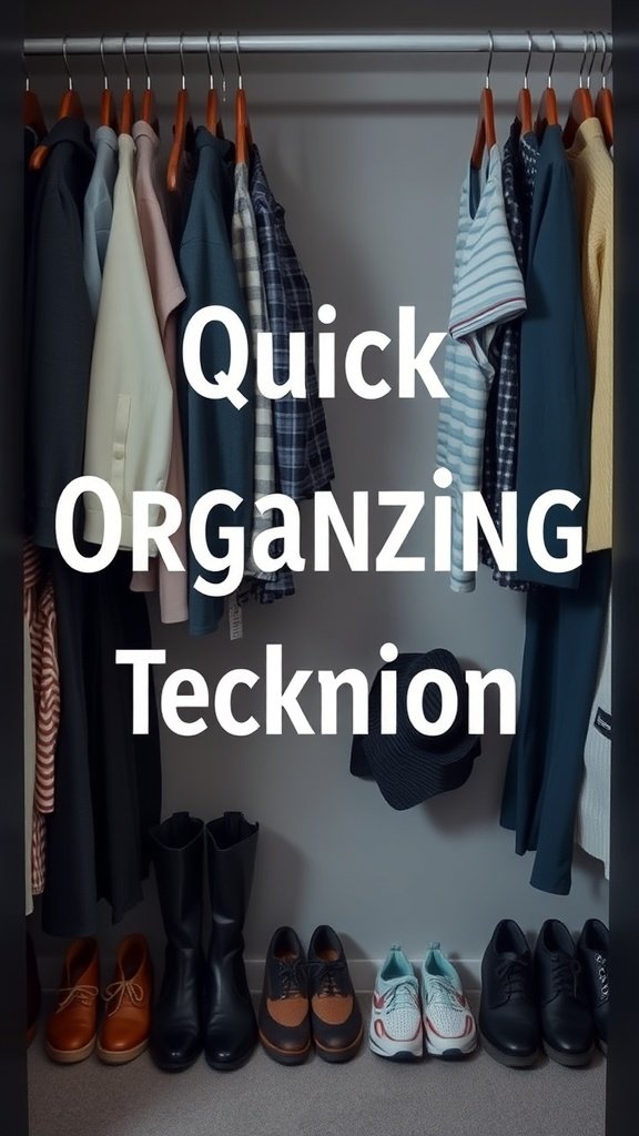 A neatly organized closet with various clothes and shoes displayed.