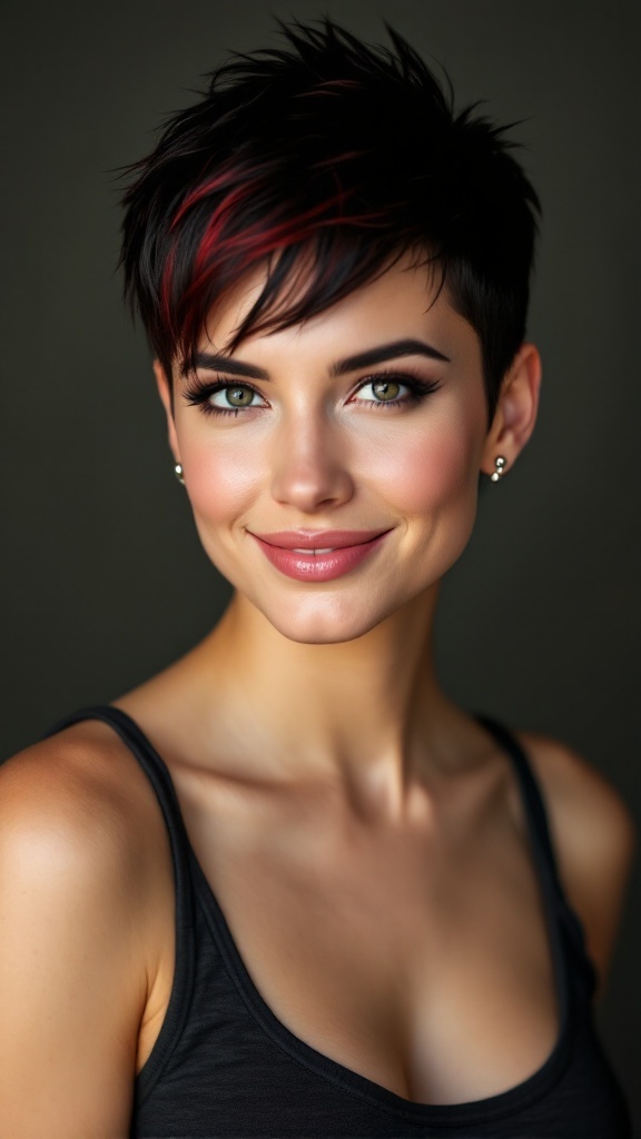 Spiky Pixie Cut with dark hair and red highlights