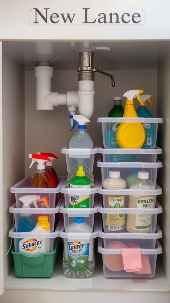 Under-sink storage with stackable bins for cleaning supplies.