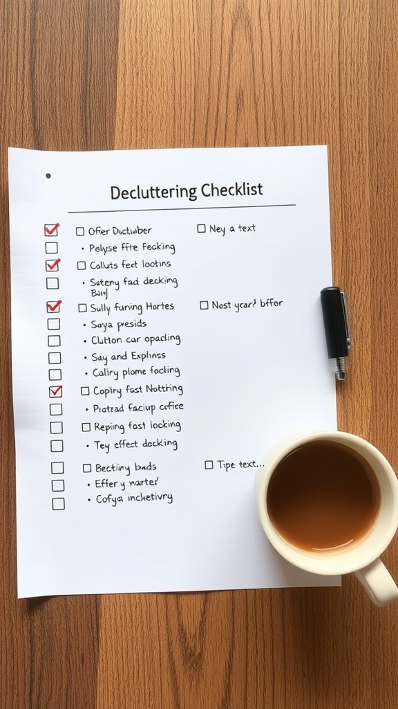 A decluttering checklist on a wooden table with a cup of coffee.
