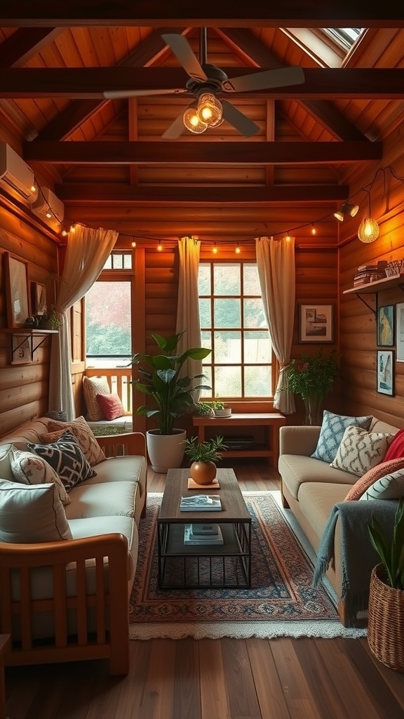 A cozy living room with wooden walls, comfortable seating, and warm lighting.