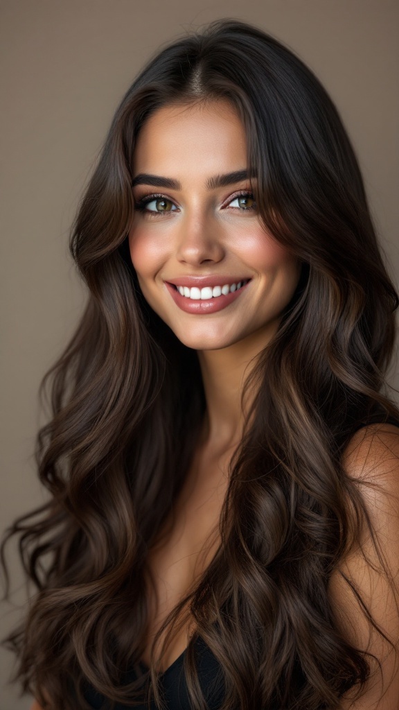 A woman with long, layered hair smiling at the camera.