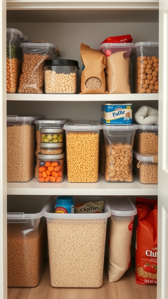 A well-organized pantry with clear bins storing various bulk items like cereals, snacks, and grains.