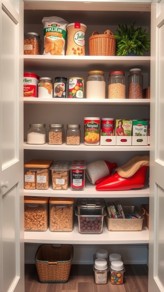 A well-organized pantry with various containers and seasonal items.