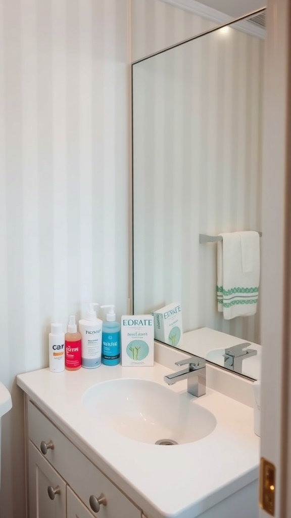 A minimalist bathroom sink area with neatly arranged skincare products and a towel.