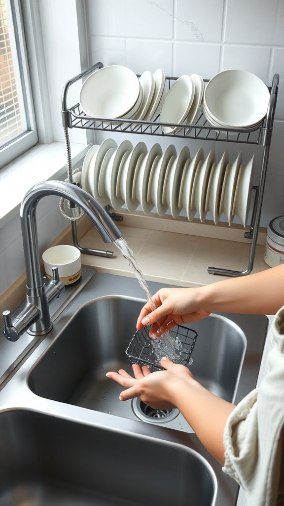 A person washing a dish in a sink with a drying rack in the background.