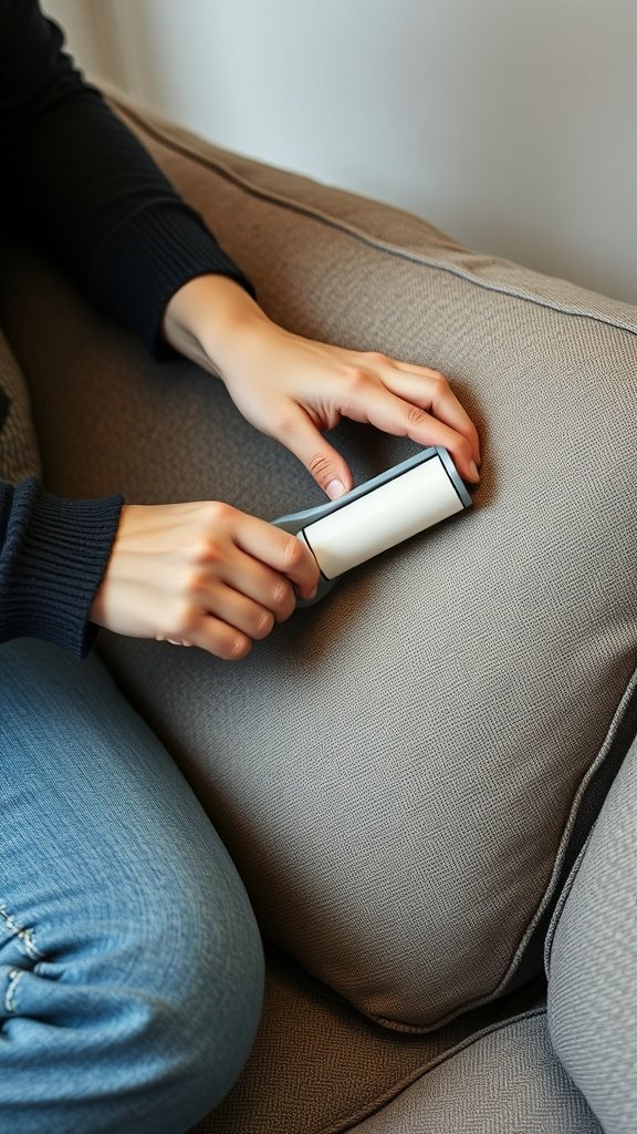 A person using a lint roller on a couch to remove pet hair.