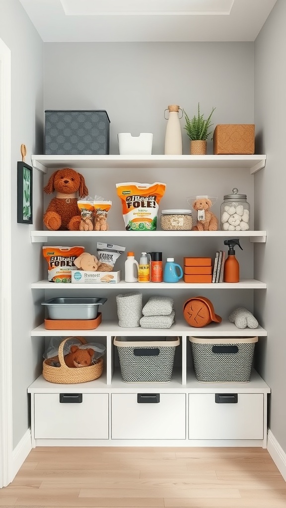 Organized pet supplies on shelves with baskets and containers.