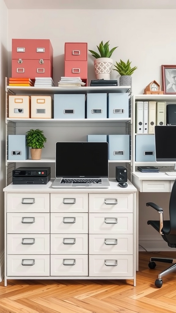 A stylish home office with organized storage solutions including colorful boxes and a clean workspace.