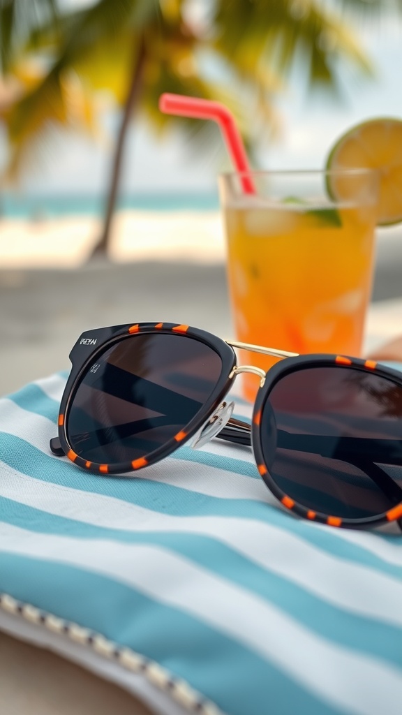 A pair of stylish sunglasses resting on a striped beach bag with a tropical drink in the background.