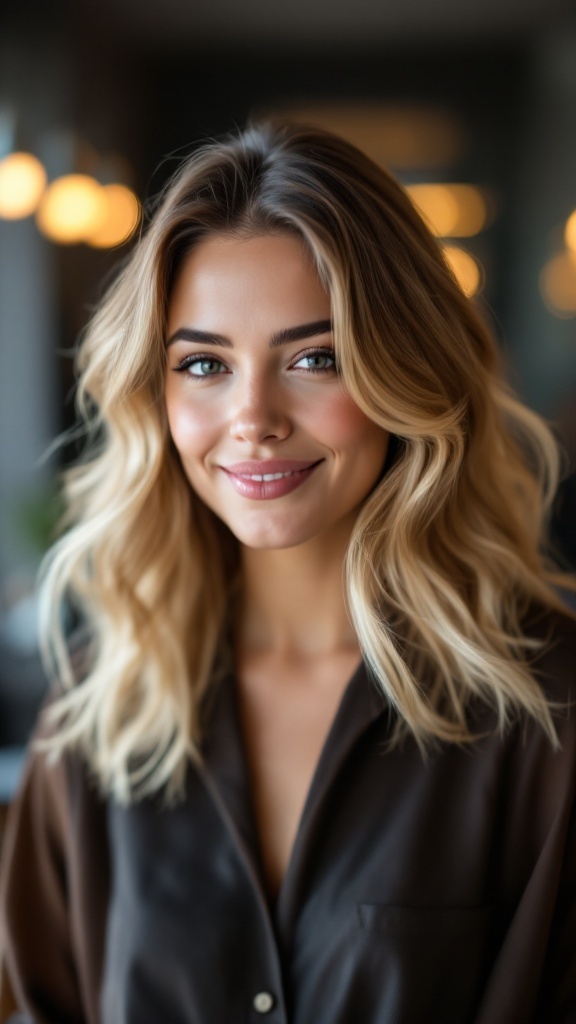 A woman with beautifully styled swoopy layered hair, showcasing volume and shine.