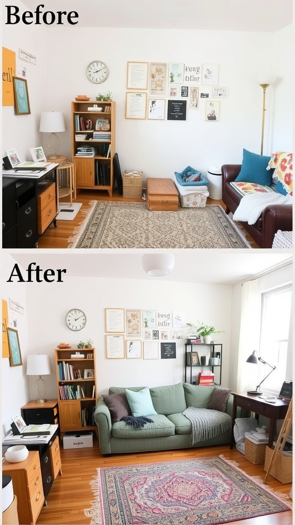 Before and after images of a decluttered living room.