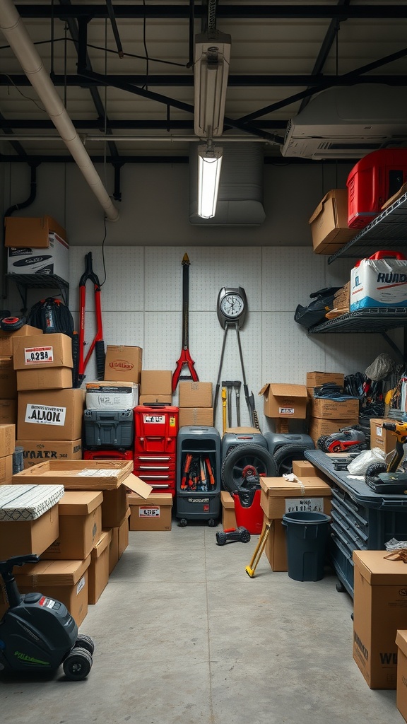 Cluttered garage filled with boxes and tools.