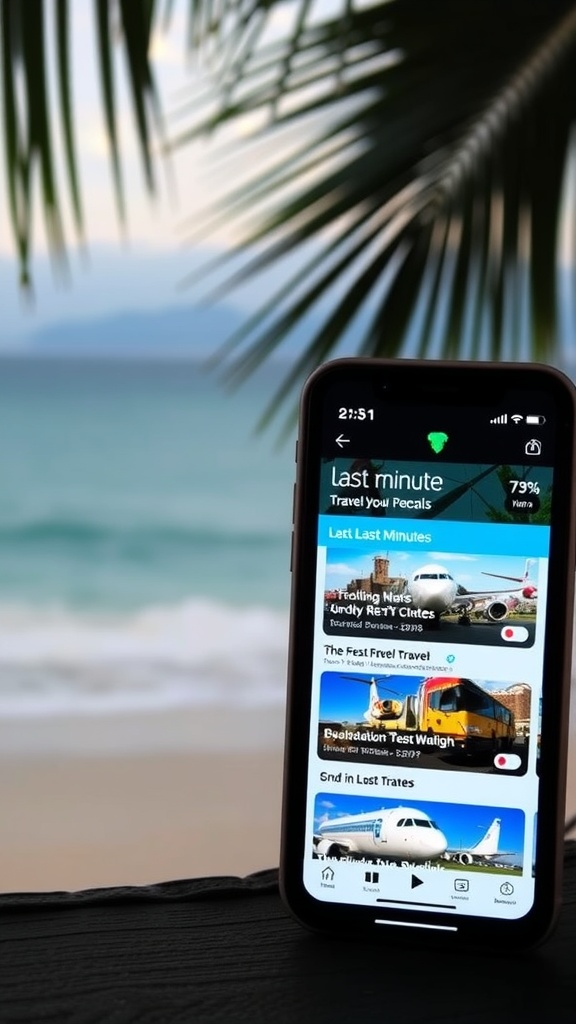 A smartphone displaying last-minute travel deals with a beach background.