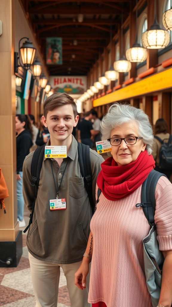 A young man and an older woman smiling, both holding ID cards, in a busy indoor market.