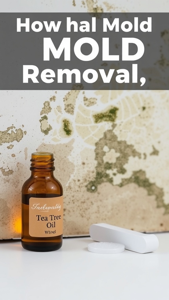 A bottle of tea tree oil next to a white container on a surface with moldy wall in the background.