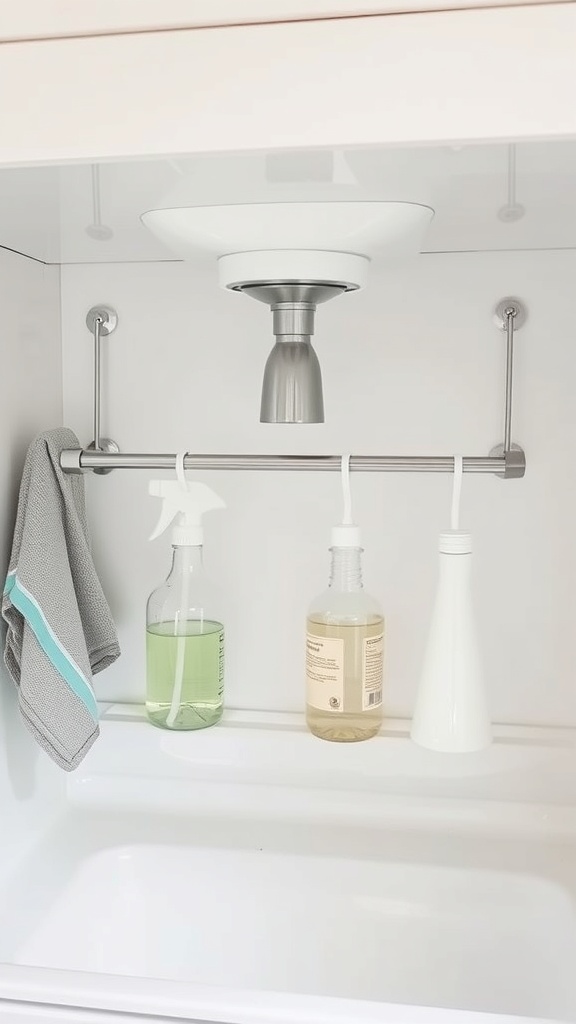 Under-sink storage with a tension rod holding spray bottles.