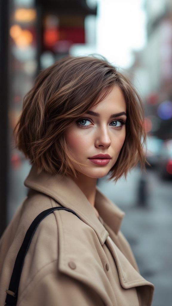 A woman with a textured bob haircut, featuring subtle layers, wearing a beige coat.