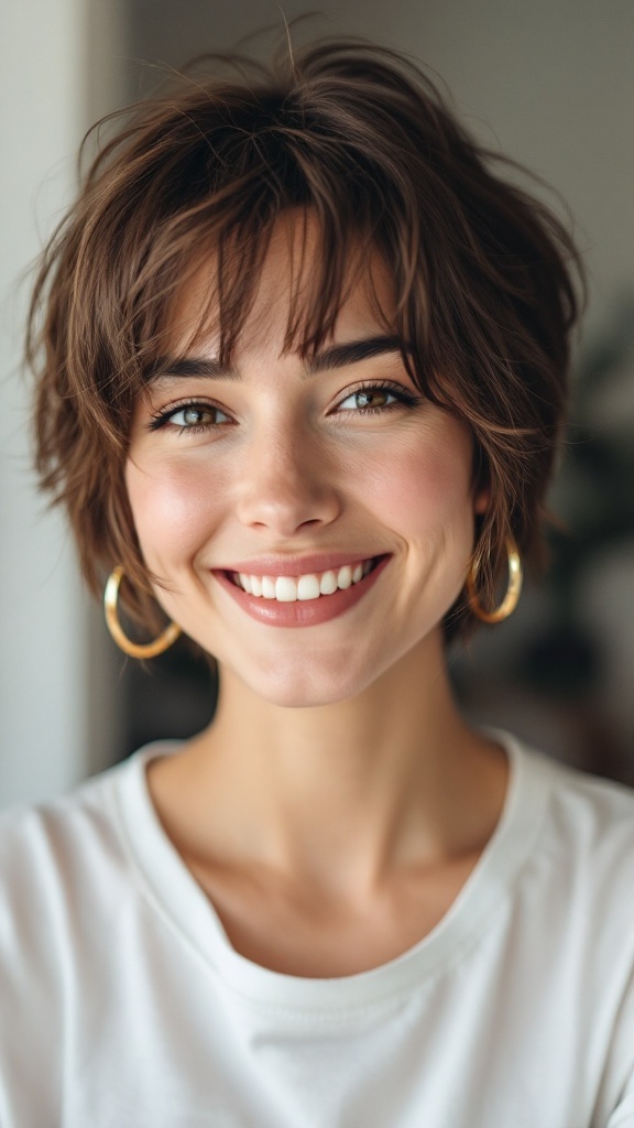 A woman with a textured pixie haircut and side bangs, smiling with confidence.