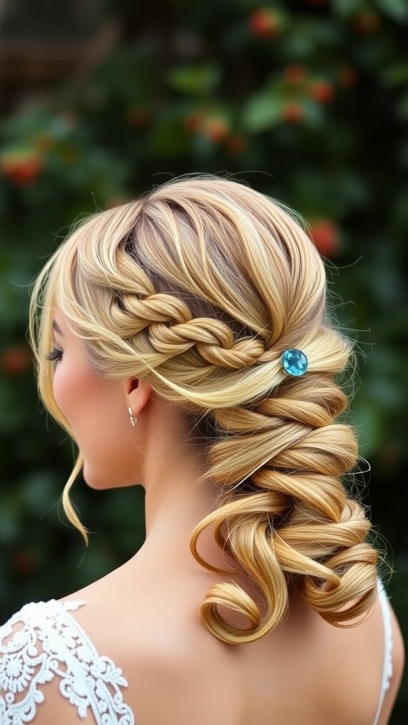 A beautiful textured ponytail with a braided accent and a blue gem hairpiece, showcased in a lovely outdoor setting.