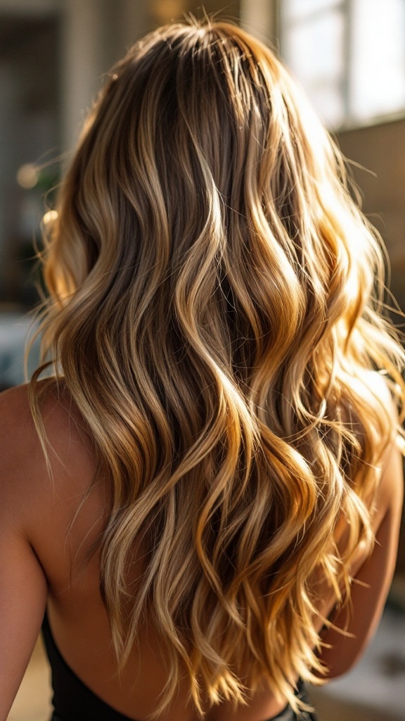 Textured waves with balayage highlights on long hair.
