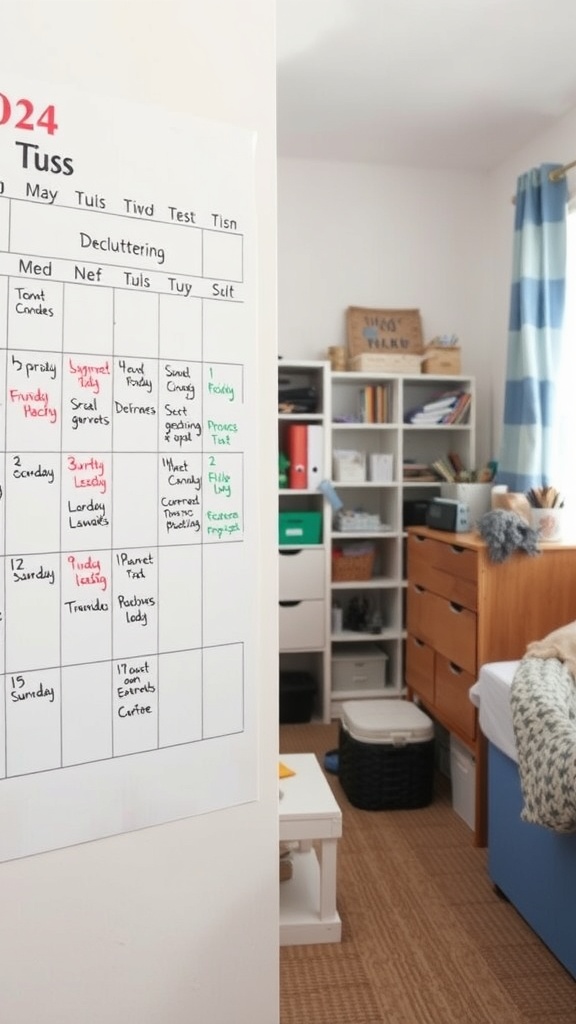 A calendar with decluttering tasks for each day in a cozy room setting.