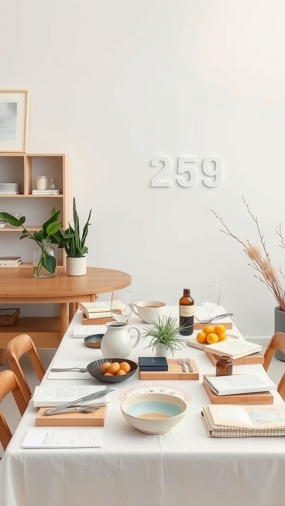 A clean and organized dining table with minimalist decor.