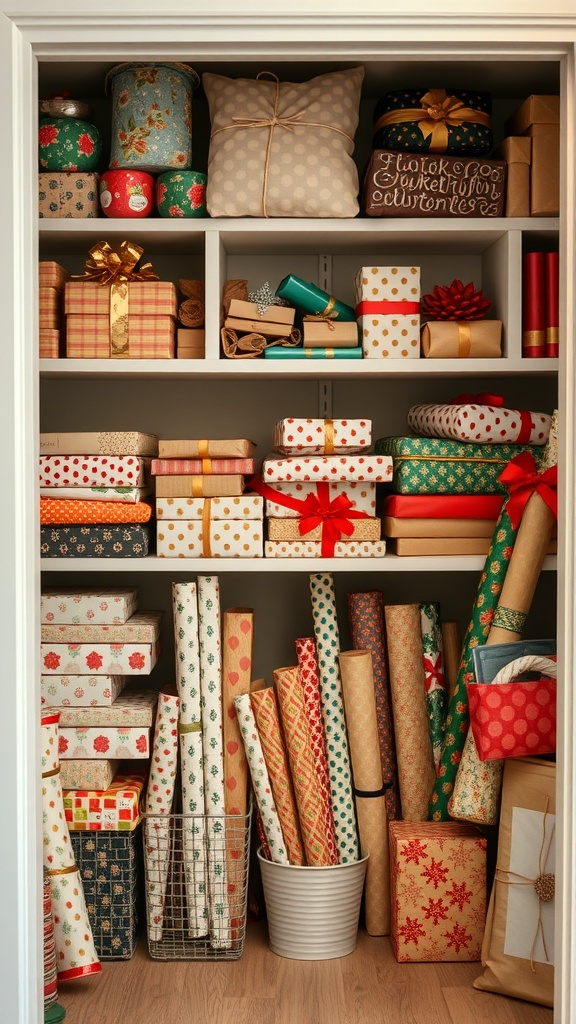 A neatly organized closet with various wrapped gifts and decorative storage boxes.