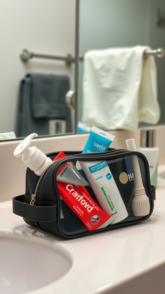 A black toiletry bag filled with various personal care items on a bathroom counter.