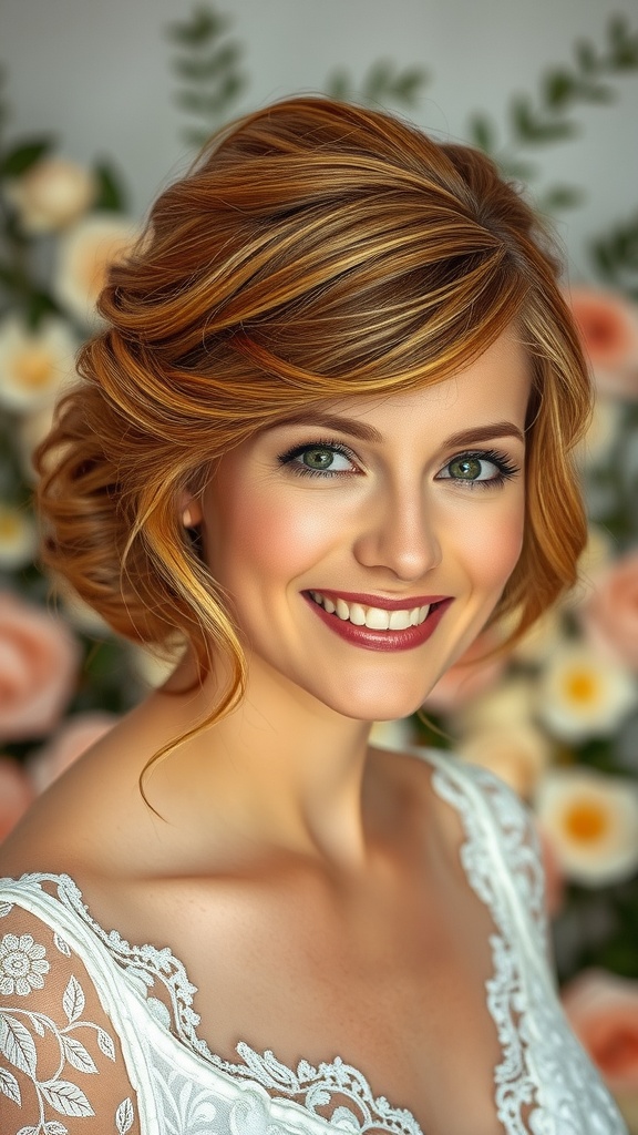 A bride with a tousled updo hairstyle, featuring face-framing pieces, smiles in front of a floral backdrop.