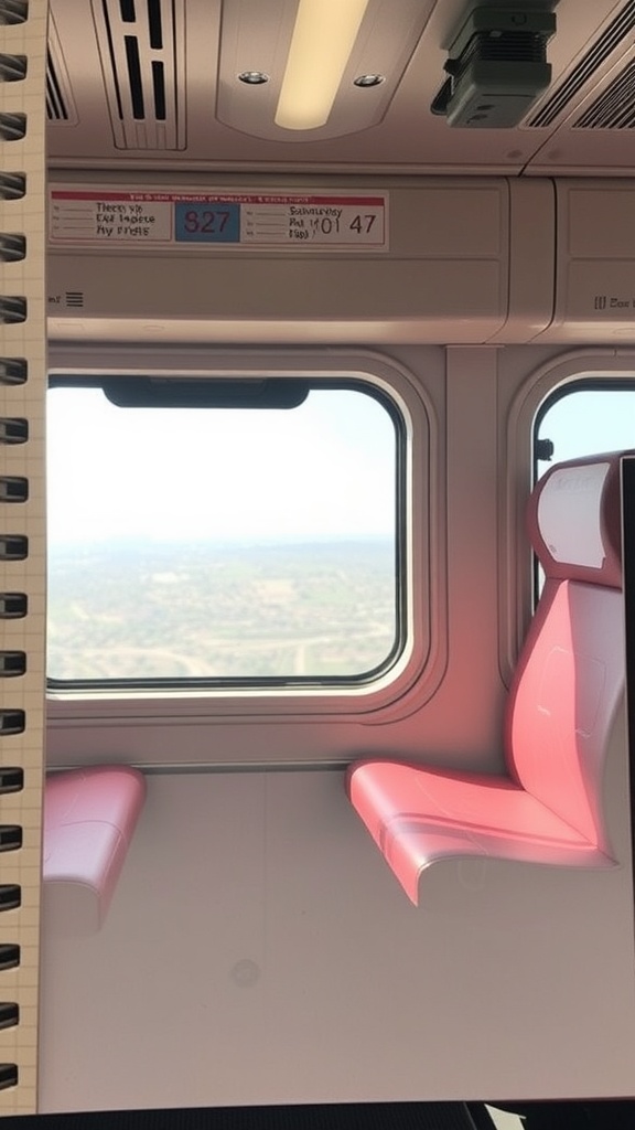 Interior view of a train with empty pink seats and a window showing the landscape outside.