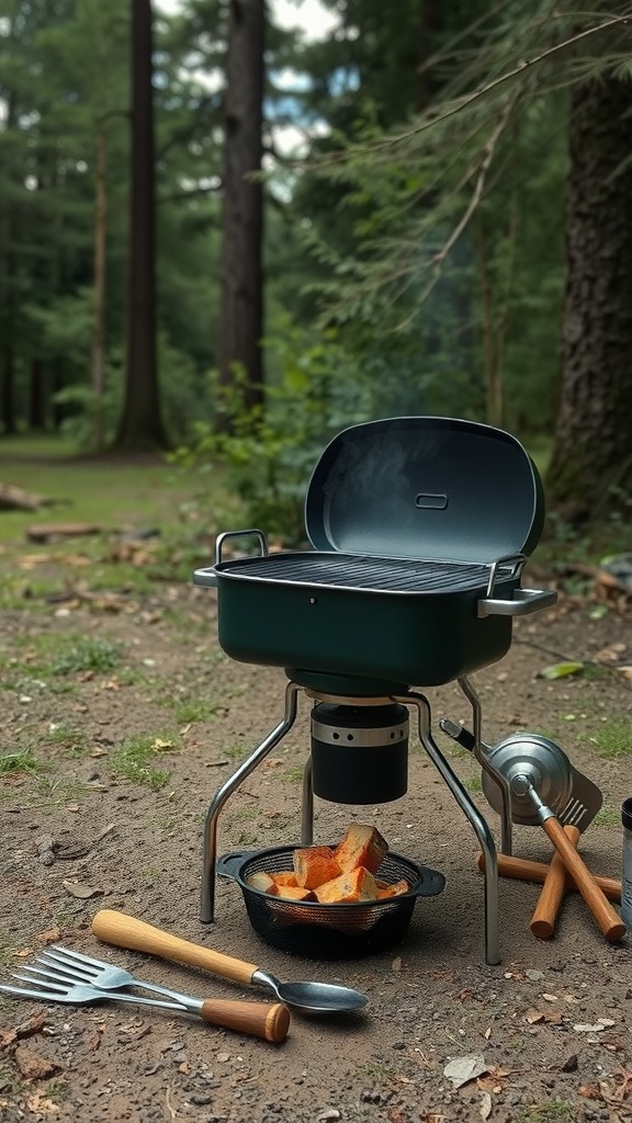 A portable grill set up in a forest with cooking utensils nearby.