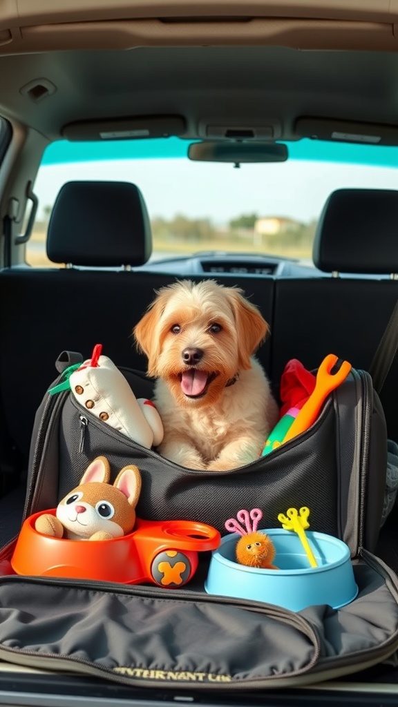 A happy dog sitting in a pet carrier with toys and bowls in a car.